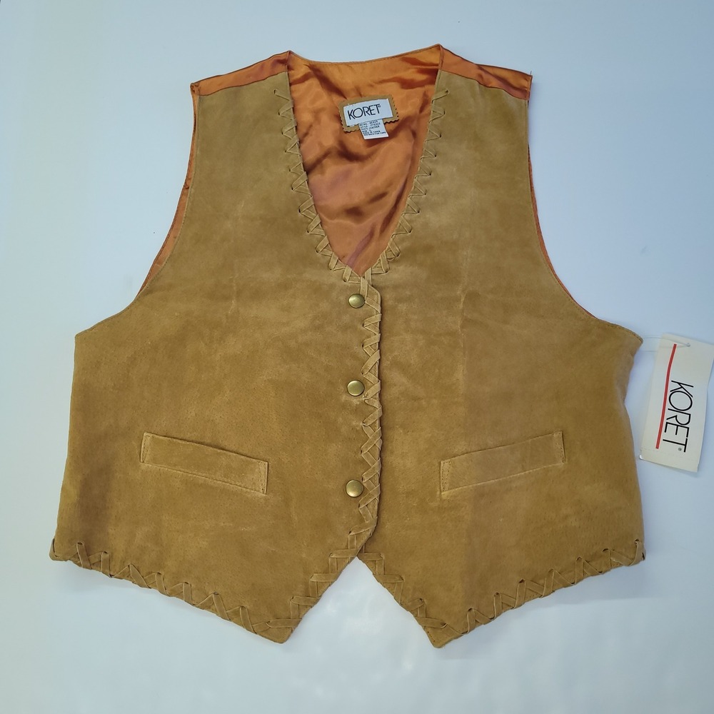 KORET Womens Tan Suede Leather Vest Size‎ L Western Boho Tie Detail Pockets New
